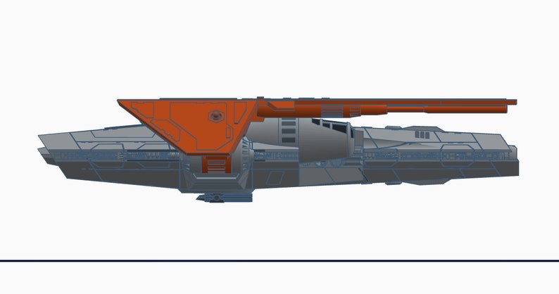 Peut inclure: Un vaisseau spatial gris et orange avec un corps long et fin et une grande aile plate sur le dessus. Le vaisseau spatial a un gros moteur &agrave; l'arri&egrave;re et un plus petit moteur &agrave; l'avant. Le vaisseau spatial vole dans l'espace.