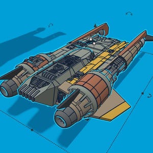 May include: A 3D rendering of a spacecraft with a gray, brown, and yellow color scheme. The spacecraft has two large engines on each side and a central cockpit area. The background is a solid blue color.