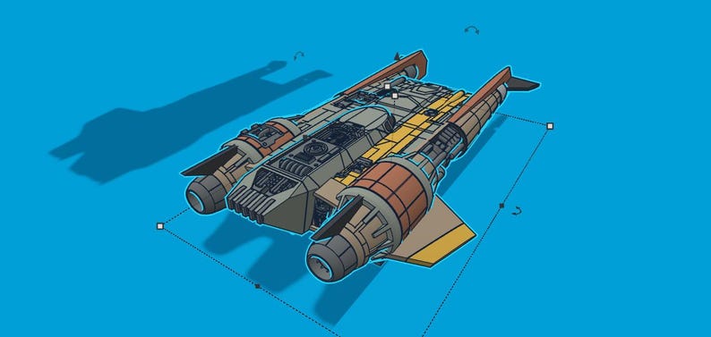 May include: A 3D rendering of a spacecraft with a gray, brown, and yellow color scheme. The spacecraft has two large engines on each side and a central cockpit area. The background is a solid blue color.