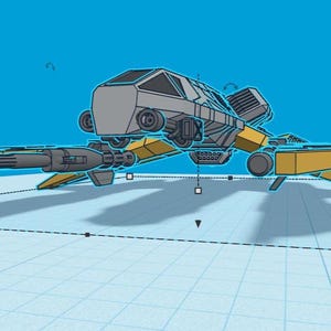 May include: A 3D model of a futuristic spacecraft, rendered digitally. The craft has a grey cockpit, yellow wings, and cylindrical engines. The design suggests a science fiction or fantasy theme.