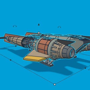 May include: A stylized illustration of a spacecraft with a tan, brown, and gray color scheme. The ship has a detailed engine section and wings, set against a bright blue background. The design is reminiscent of a science fiction theme.