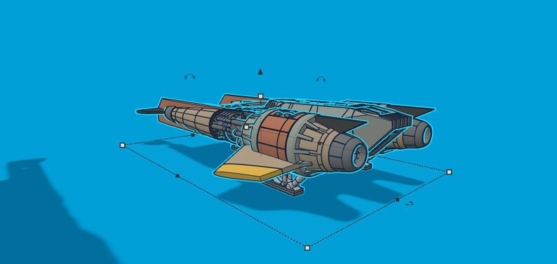 May include: A stylized illustration of a spacecraft with a tan, brown, and gray color scheme. The ship has a detailed engine section and wings, set against a bright blue background. The design is reminiscent of a science fiction theme.