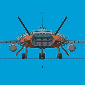 Puede incluir: Ilustraci&oacute;n de una aeronave futurista con fuselaje naranja y alas grises. La aeronave tiene dos antenas negras anguladas sobre un fondo azul brillante. El tren de aterrizaje es visible.