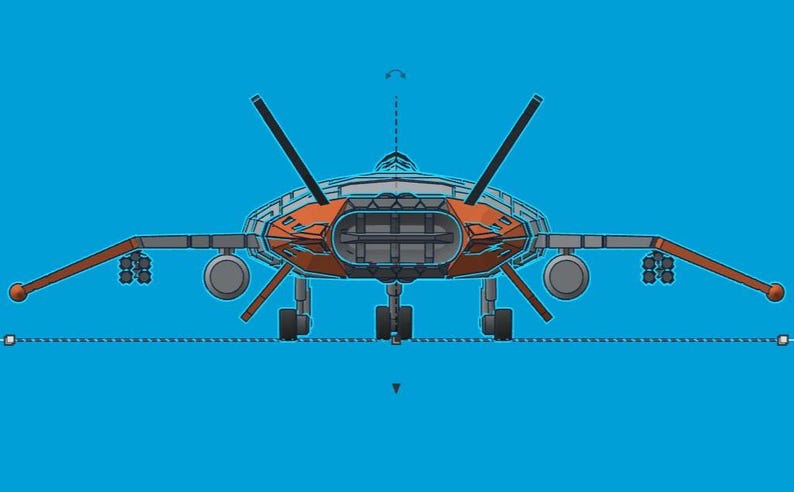 Puede incluir: Ilustraci&oacute;n de una aeronave futurista con fuselaje naranja y alas grises. La aeronave tiene dos antenas negras anguladas sobre un fondo azul brillante. El tren de aterrizaje es visible.