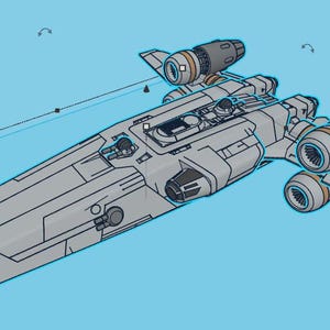 May include: A gray and white spaceship with two engines on the back and one on the top. The spaceship has a long, narrow body and a pointed nose.