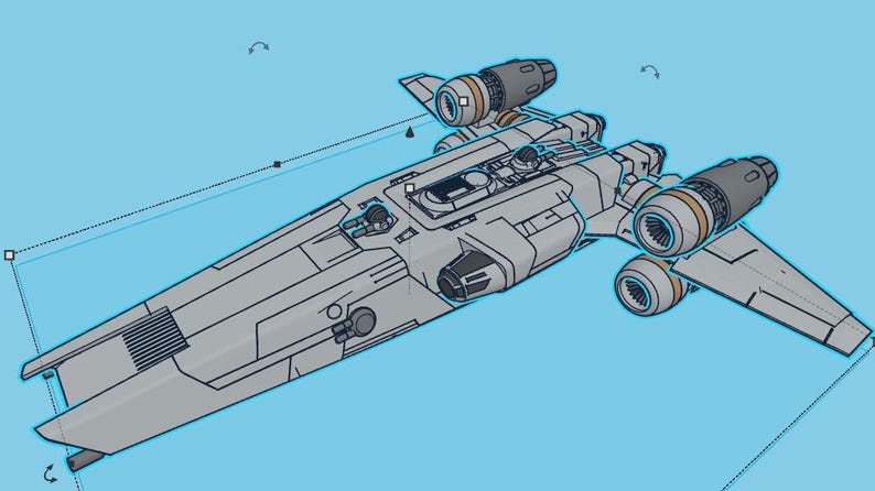 May include: A gray and white spaceship with two engines on the back and one on the top. The spaceship has a long, narrow body and a pointed nose.