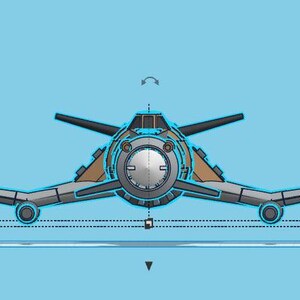 May include: A futuristic, cartoon-style spaceship with a gray and brown color scheme. The spaceship has two large, round engines on either side and a central cockpit with a large, round window.