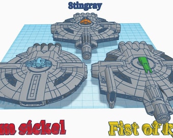 May include: Three gray spaceships with different designs. The top spaceship is labeled "Stingray", the left spaceship is labeled "Grim Sickle", and the right spaceship is labeled "Fist of Kyber".
