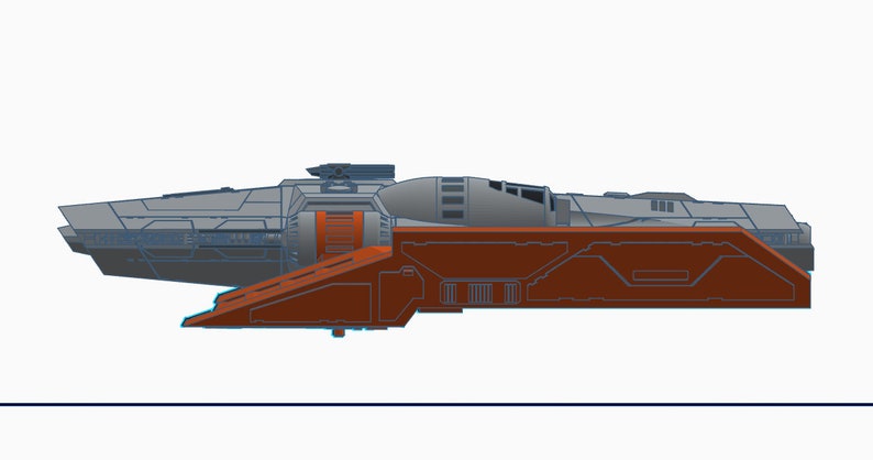 Peut inclure: Un vaisseau spatial gris et orange avec un corps long et &eacute;troit et une grande aile plate sur le dessous. Le vaisseau spatial a un petit cockpit rond et une s&eacute;rie de fen&ecirc;tres le long du c&ocirc;t&eacute;.