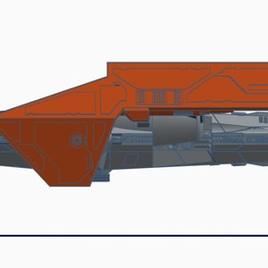 Peut inclure: Vue de c&ocirc;t&eacute; d'un vaisseau spatial gris et orange avec une grande baie de cargaison ouverte. Le vaisseau spatial a un design futuriste &eacute;l&eacute;gant avec des angles vifs et un nez pointu.
