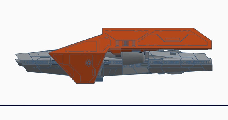 Peut inclure: Vue de c&ocirc;t&eacute; d'un vaisseau spatial gris et orange avec une grande baie de cargaison ouverte. Le vaisseau spatial a un design futuriste &eacute;l&eacute;gant avec des angles vifs et un nez pointu.