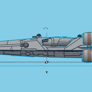 May include: A gray and white spaceship with two large engines on the back. The spaceship has a long, thin body and a pointed nose.