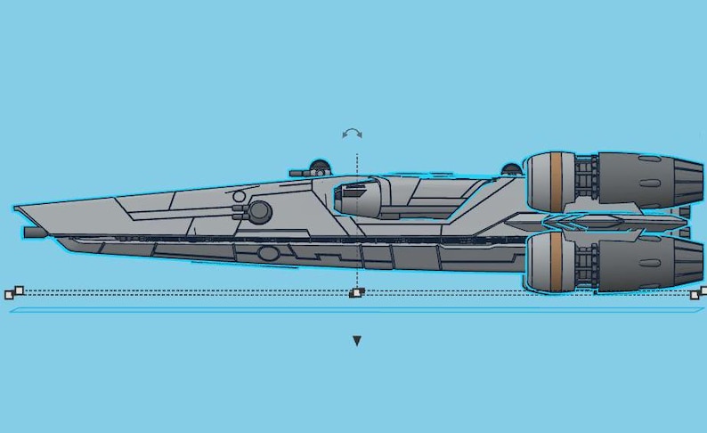 May include: A gray and white spaceship with two large engines on the back. The spaceship has a long, thin body and a pointed nose.