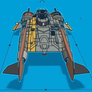K&ouml;nnte beinhalten: Draufsicht auf ein detailliertes, stilisiertes Raumschiffmodell. Das Raumschiff weist eine Kombination aus orangefarbenen, gelben, grauen und wei&szlig;en Paneelen auf, mit einem zentralen Cockpitbereich und fl&uuml;gelartigen Strukturen. Der Hintergrund ist einfarbig blau.