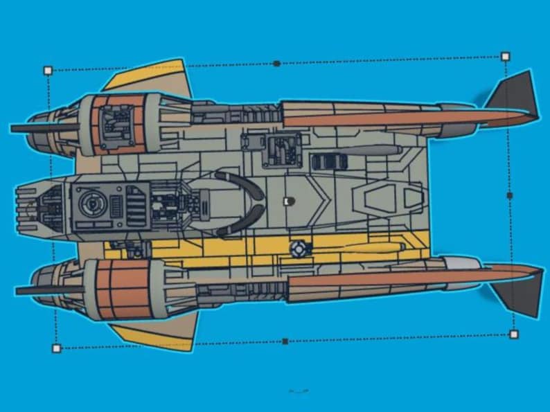K&ouml;nnte beinhalten: Detaillierter Bauplan eines Raumschiffs, von oben betrachtet. Das Design zeigt einen grauen K&ouml;rper mit gelben und orangefarbenen Akzenten, zwei gro&szlig;e Triebwerke und einen blauen Hintergrund. Der Plan enth&auml;lt komplizierte mechanische Details.