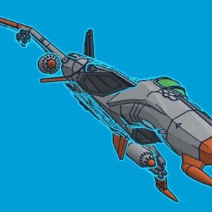 Puede incluir: Ilustraci&oacute;n estilizada de un avi&oacute;n de combate gris y naranja sobre un fondo azul brillante. La aeronave presenta un dise&ntilde;o detallado con alas, cola y cabina visibles. El avi&oacute;n tiene detalles en naranja en la nariz, las alas y la cola.
