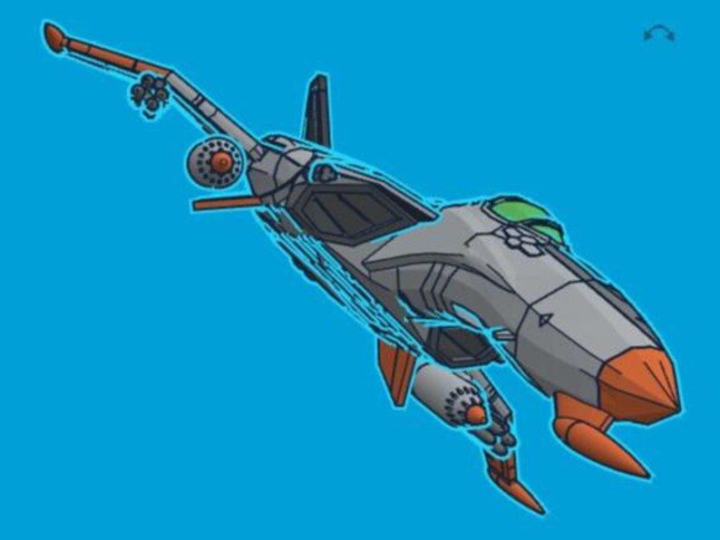 Puede incluir: Ilustraci&oacute;n estilizada de un avi&oacute;n de combate gris y naranja sobre un fondo azul brillante. La aeronave presenta un dise&ntilde;o detallado con alas, cola y cabina visibles. El avi&oacute;n tiene detalles en naranja en la nariz, las alas y la cola.