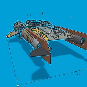 May include: A stylized illustration of a spacecraft with a brown, yellow, and gray color scheme. The spacecraft has two large engines and a central cockpit area. The background is a solid blue color.