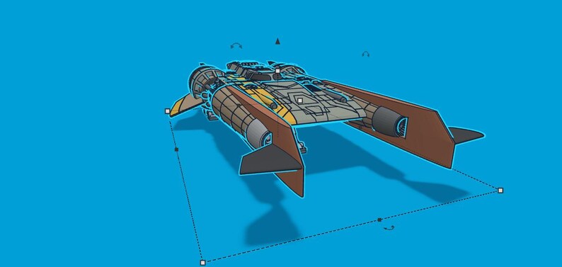 May include: A stylized illustration of a spacecraft with a brown, yellow, and gray color scheme. The spacecraft has two large engines and a central cockpit area. The background is a solid blue color.