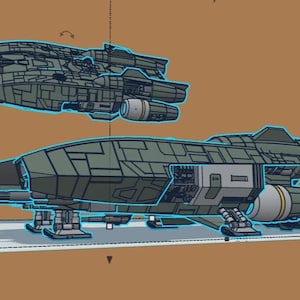 May include: Two detailed, stylized spacecraft models in shades of green and grey are depicted against a brown background. The lower craft is larger, with visible engine details and landing gear. The upper craft is a smaller, similar design.