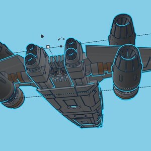 May include: A gray and black spaceship with four engines and a long, rectangular body. The spaceship has a wing on each side and a small, rectangular window on the front.