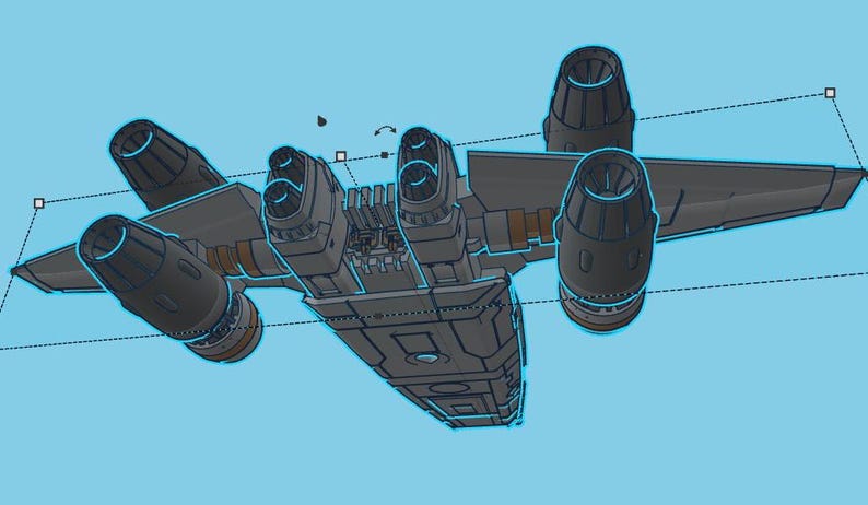 May include: A gray and black spaceship with four engines and a long, rectangular body. The spaceship has a wing on each side and a small, rectangular window on the front.