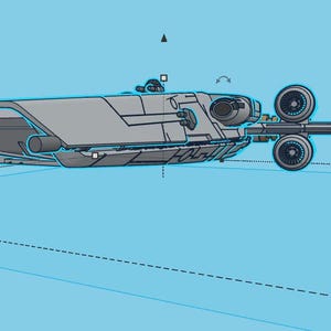 May include: A detailed illustration of a futuristic spaceship with a long, thin body, a large cockpit, and two engines at the rear. The spaceship is painted in a light gray color with black accents.