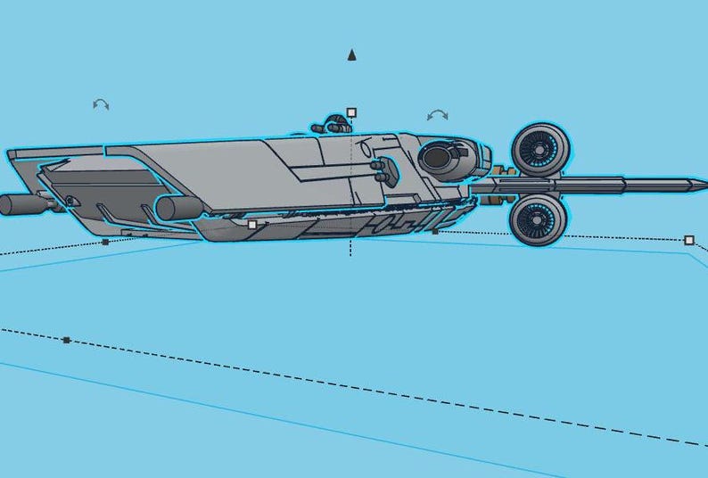 May include: A detailed illustration of a futuristic spaceship with a long, thin body, a large cockpit, and two engines at the rear. The spaceship is painted in a light gray color with black accents.