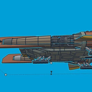 May include: A side view illustration of a spacecraft with a brown and gray color scheme. The spacecraft has multiple engines and a fin on the back. The background is a solid light blue.
