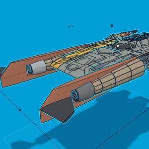 May include: A detailed illustration of a spacecraft with a brown and gray color scheme, set against a blue background. The design features a central body with extended wings and engine components, showcasing a futuristic aesthetic.