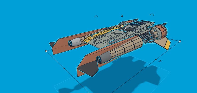 May include: A detailed illustration of a spacecraft with a brown and gray color scheme, set against a blue background. The design features a central body with extended wings and engine components, showcasing a futuristic aesthetic.