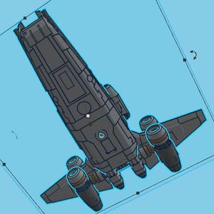 May include: A gray and black spaceship with a long, narrow body and two large engines on the back. The spaceship has a small, round window on the side.