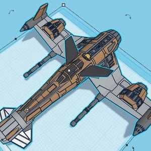 May include: A brown and gray spaceship with a black wing and a grid pattern on the fuselage. The spaceship has two engines on the back and two on the sides.