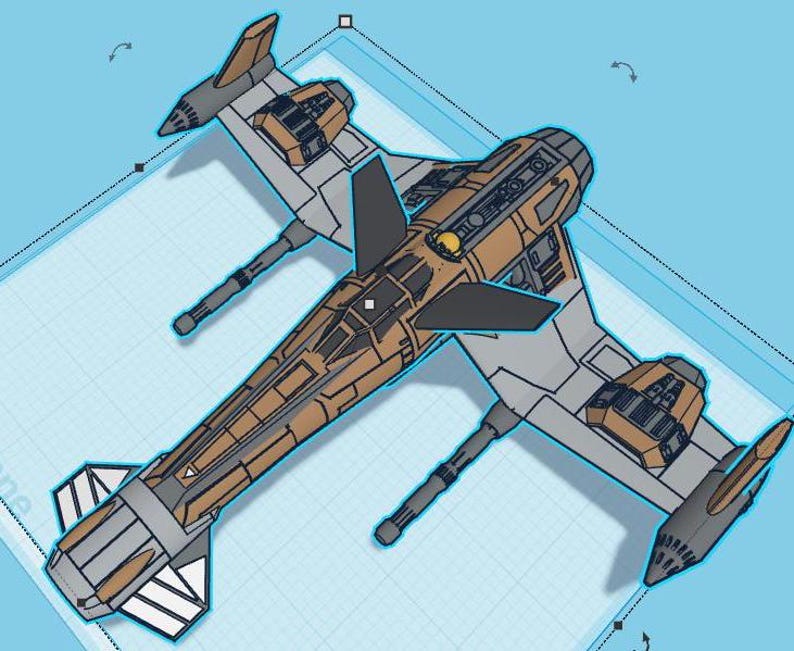 May include: A brown and gray spaceship with a black wing and a grid pattern on the fuselage. The spaceship has two engines on the back and two on the sides.
