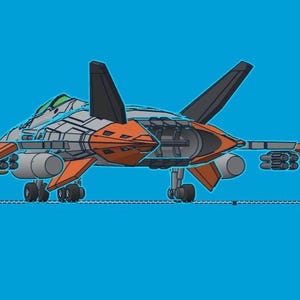 Puede incluir: Ilustraci&oacute;n detallada de una aeronave futurista, con una combinaci&oacute;n de colores naranja, gris y negro. La aeronave tiene un dise&ntilde;o &uacute;nico con alas anguladas, m&uacute;ltiples motores y una cabina. El fondo es azul liso.
