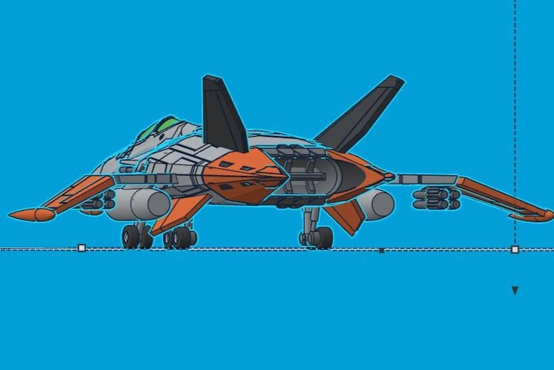 Puede incluir: Ilustraci&oacute;n detallada de una aeronave futurista, con una combinaci&oacute;n de colores naranja, gris y negro. La aeronave tiene un dise&ntilde;o &uacute;nico con alas anguladas, m&uacute;ltiples motores y una cabina. El fondo es azul liso.