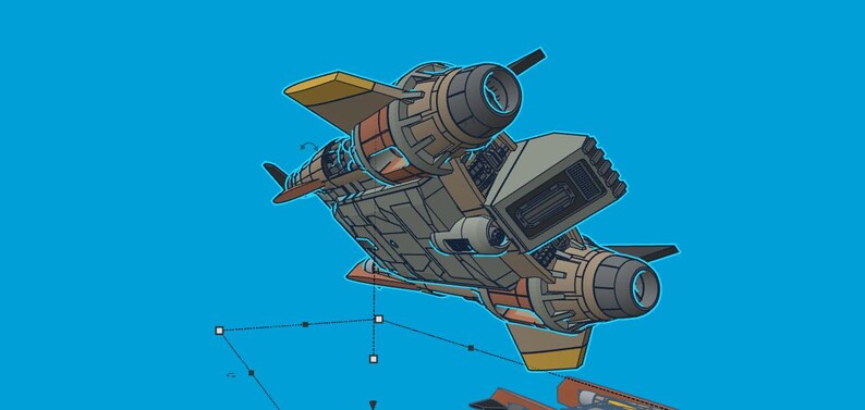 May include: A stylized illustration of a spacecraft with a blue background. The spacecraft is primarily gray, brown, and orange, with yellow accents on the wings. The design is reminiscent of a retro sci-fi aesthetic.