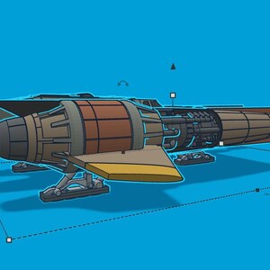 K&ouml;nnte beinhalten: Stilisierte Illustration eines Raumschiffs in Braun-, Beige- und Gelbt&ouml;nen. Das Raumschiff hat einen zylindrischen K&ouml;rper mit sichtbaren Motorkomponenten und Fl&uuml;geln. Der Hintergrund ist einfarbig blau.
