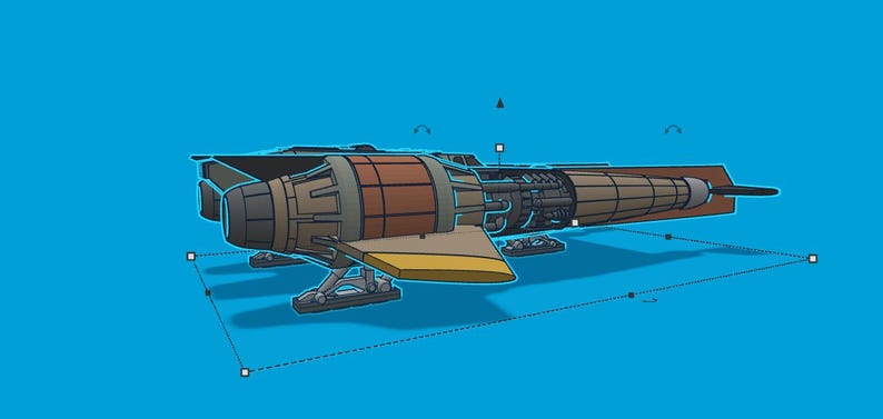 K&ouml;nnte beinhalten: Stilisierte Illustration eines Raumschiffs in Braun-, Beige- und Gelbt&ouml;nen. Das Raumschiff hat einen zylindrischen K&ouml;rper mit sichtbaren Motorkomponenten und Fl&uuml;geln. Der Hintergrund ist einfarbig blau.