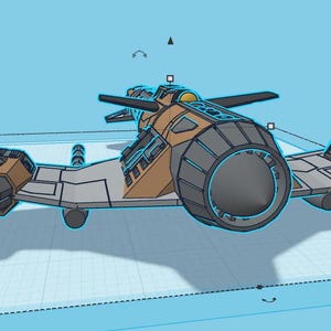 May include: A futuristic, gray and brown spaceship with a large, round engine in the back. The spaceship has two wings and a cockpit in the front.