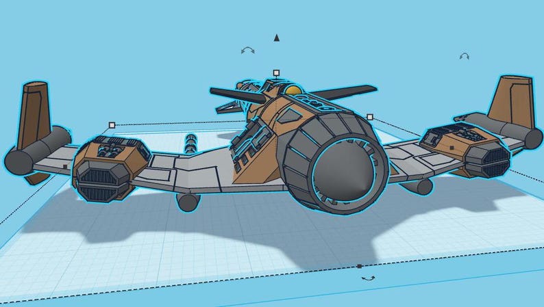 May include: A futuristic, gray and brown spaceship with a large, round engine in the back. The spaceship has two wings and a cockpit in the front.