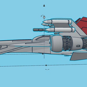 Pode incluir: Uma nave espacial cinza e vermelha com um grande motor e tr&ecirc;s m&iacute;sseis no topo. A nave espacial tem um nariz pontudo e uma asa grande na parte de tr&aacute;s.