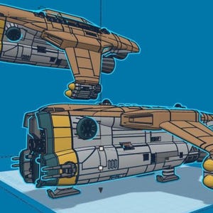 以下が含まれることがあります： 2つの宇宙船の詳細なイラスト。1つはもう1つの上に浮かんでいます。宇宙船は、タンとグレーの色使いに黄色のアクセントが施されています。デザインには、翼、エンジン、さまざまな機械部品が含まれており、青い背景に設定されています。