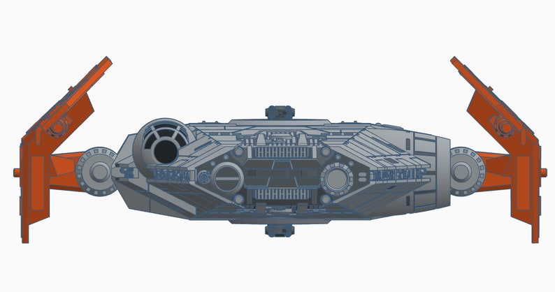 Peut inclure: Un mod&egrave;le gris et orange d'un vaisseau spatial avec deux ailes repli&eacute;es. Le vaisseau spatial a un gros moteur &agrave; l'arri&egrave;re et un design d&eacute;taill&eacute;.