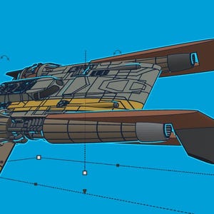 Może przedstawiać: Szczegółowa ilustracja statku kosmicznego w brązowo-szarej i żółtej kolorystyce na niebieskim tle. Statek kosmiczny ma wiele silników i skrzydeł o złożonej konstrukcji.