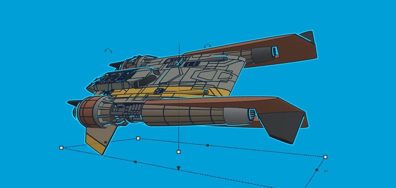 May include: A detailed illustration of a spacecraft with a brown, gray, and yellow color scheme against a blue background. The spacecraft has multiple engines and wings, with a complex design.