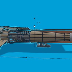 K&ouml;nnte beinhalten: Stilisierte Illustration eines Raumschiffs in Braun-, Beige- und Graut&ouml;nen. Das Raumschiff hat einen langen, rechteckigen K&ouml;rper mit detailliertem Triebwerksteil und einer Finne am Heck. Der Hintergrund ist einfarbig blau.