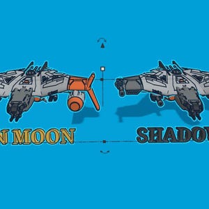 May include: Two cartoon-style spaceships, one orange and white, labelled "Lyken Moon", and the other grey, labelled "Shadow Rat", against a blue background.