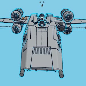 May include: A gray and white spaceship with four engines, two on each side. The spaceship is facing the camera with the engines pointing forward.
