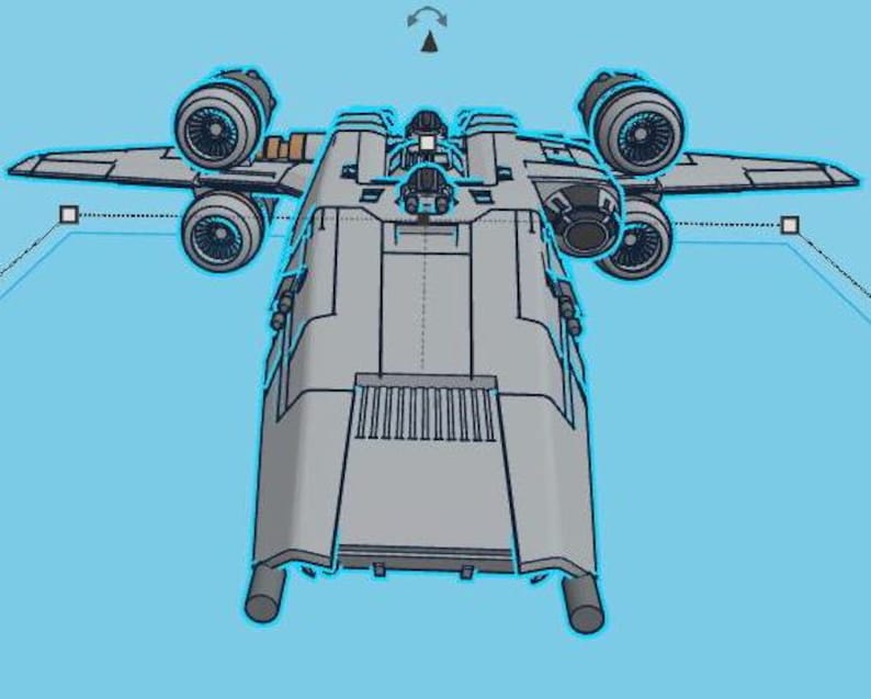 May include: A gray and white spaceship with four engines, two on each side. The spaceship is facing the camera with the engines pointing forward.